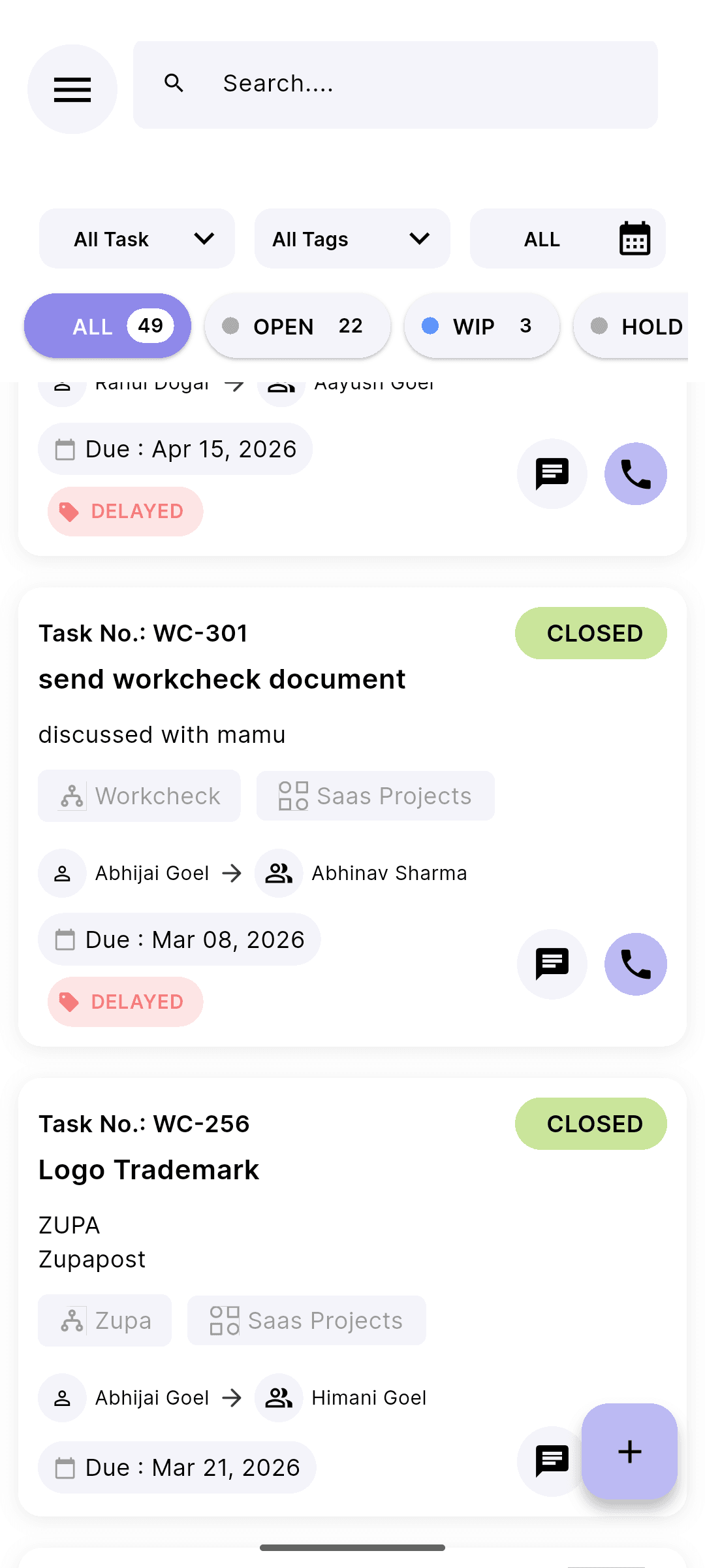 WorkCheck mobile app showing the task list with filters and assignees